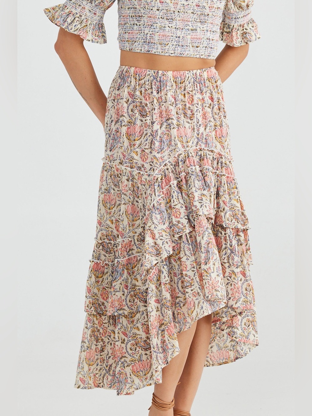 Talisman Sassy Skirt Vintage Lotus XL Floral Tiered Ruffle High Low Boho Maxi